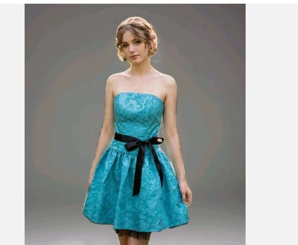 Y2K Teal Strapless Homecoming Dress Jessica McClintock Gunne Sax Brocade XXS 00